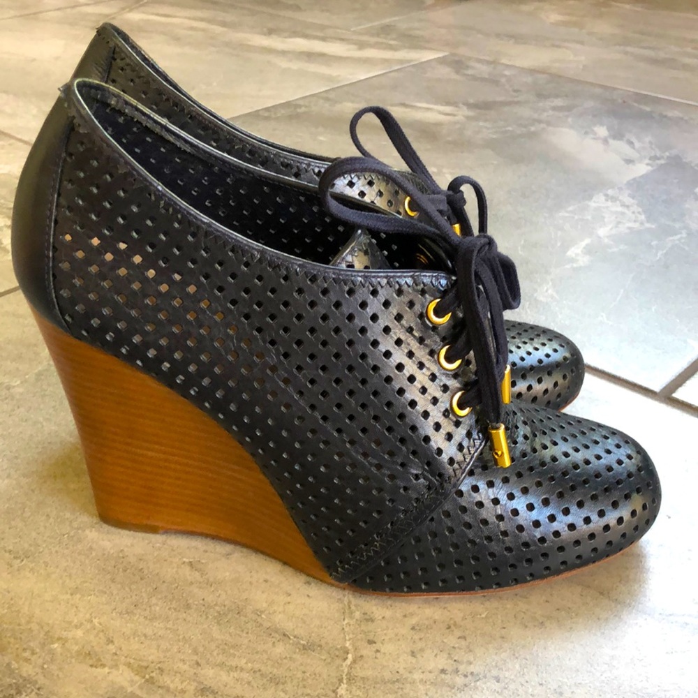 Tory Burch navy wedge lace up booties size 10.5